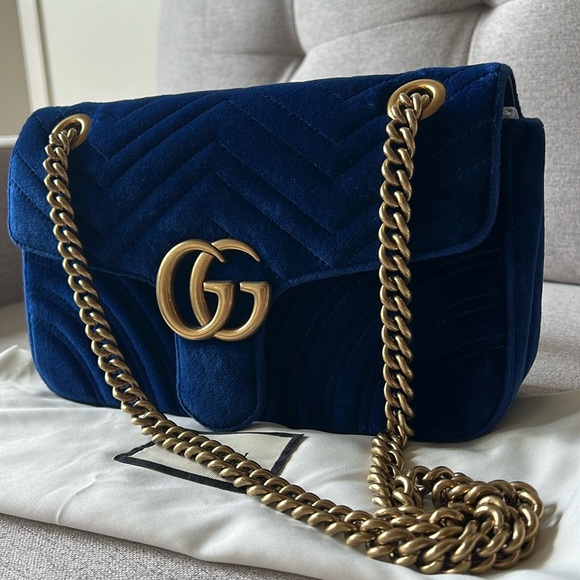New Gucci GG Velvet Matelasse Small Marmont Shoulder Bag Cobalt Blue - Picture 17 of 17